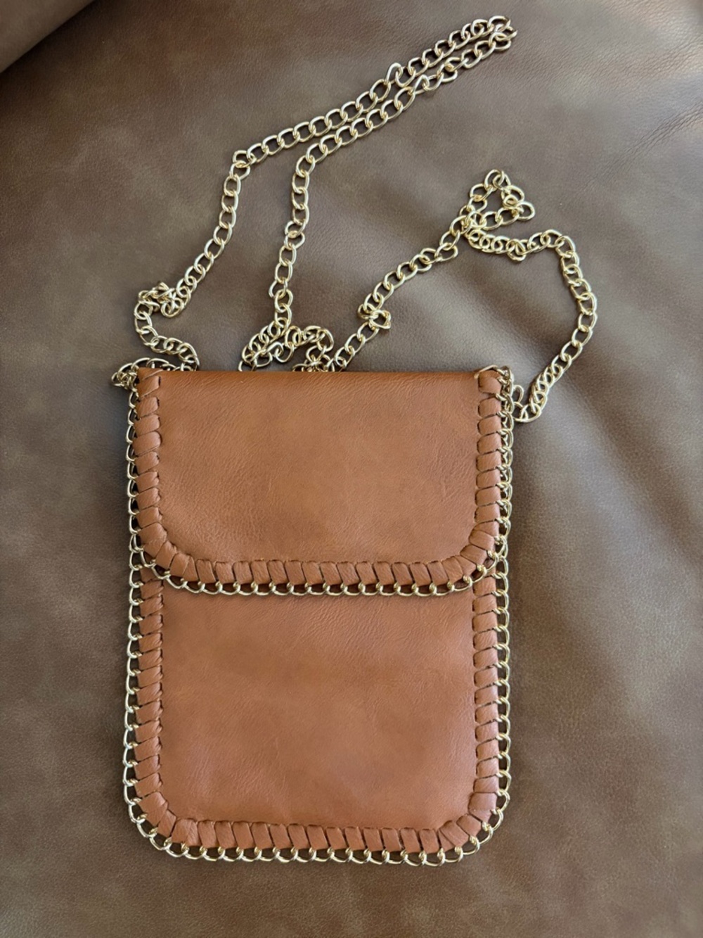 Brown Leather Crossbody with Gold Chain Trim. NWT